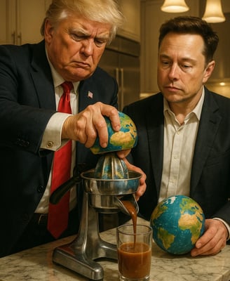 Illustration IA - Journée mondiale de la terre : Trump et Musk pressent la terre comme un citron 