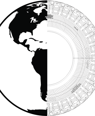 a black and white image of a globe with a map of the world and ogro tire design