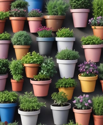 A collection of gardening tools rests in a small ceramic pot beside a larger plant pot filled with soil and green stems. A plastic container with soil is placed nearby. The scene suggests an indoor gardening setup with a focus on planting or potting activities.