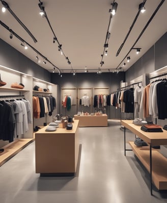 A modern fashion retail store with a minimalist facade. The storefront features a large glass window displaying a clothing rack with various garments, including shirts, pants, and dresses in pastel and neutral colors. The exterior wall is covered in dark gray tiles, with a small, rectangular window reflecting a tree.