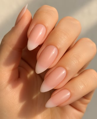 almond-shaped nails, soft blush pink sheer base, barely-there pink ombré French tips