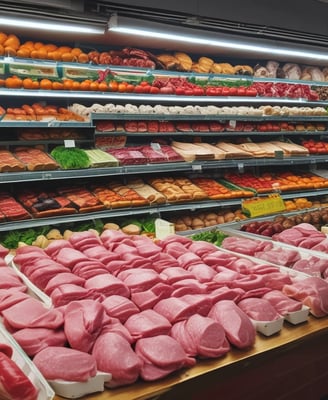 An aisle in a supermarket with mostly empty shelves labeled with price tags, indicating low stock or high demand. A person with a shopping cart stands in front of a well-stocked refrigerated section containing various groceries. Overhead signs display categories such as butter, cheese, and drinks.