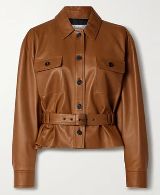 Luxury brown leather belted jacket with button pockets – timeless designer outerwear.
