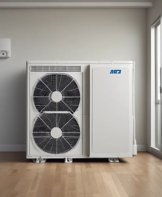 A modern, rectangular air conditioning or heating unit with the logo 'alpha innotec' is installed outside a building with a dark gray brick exterior. The unit is positioned against a light concrete wall, and there is overgrown grass along the edge of the pavement.