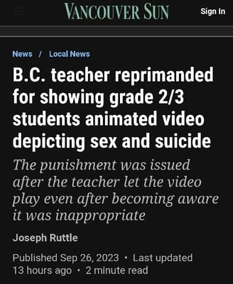B.C. teacher reprimanded for showing video depicting sex.