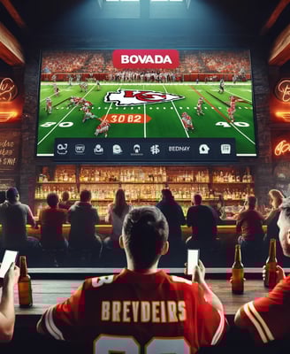 Fans in a sports bar enjoy a KC Chiefs game, betting on Bovada.
