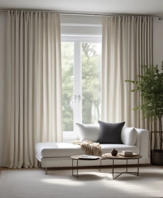 Golden curtains with folds and soft textures are prominently displayed, creating an impression of elegance and luxury.