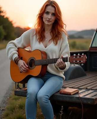 Red-haired woman with guitar on truck tailgate at sunset, journaling beside wildflowers.