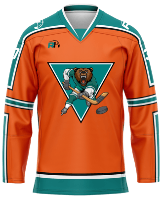 Custom ice hockey jersey #2 front – Orange/Teal sublimation on top polyester fabric | Realm Hawk