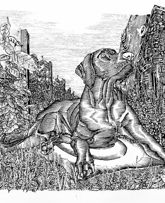 image of a dog in a forest area with some houses nearby, drawn in a traditional way.Illustration.