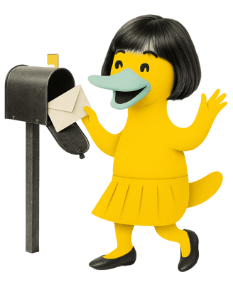 a cartoon platypus with a letter in front of a mailbox