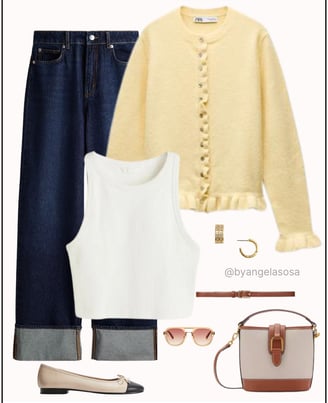 Outfit con jean oscuro y cárdigan amarillo pastel