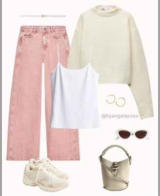 Outfit con jean rosados, suéter beige y tenis