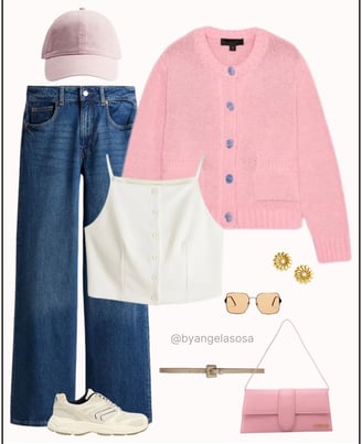 Outfit casual con jeans y suéter rosado