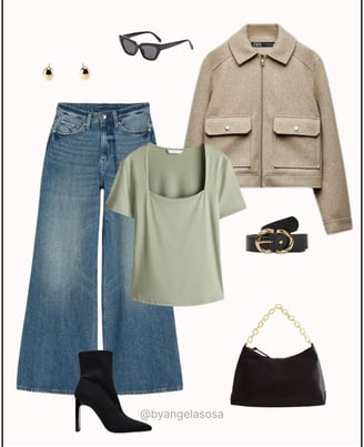 Outfit con jean, blusa verde, chaqueta beige y botines negros