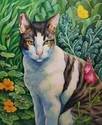 A brown and white cat sits in a garden surrounded by plants and flowers, bees and butterflies.