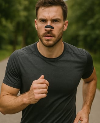 Hombre haciendo deporte usando una tira nasal negra RESPIRA+ sobre la nariz.