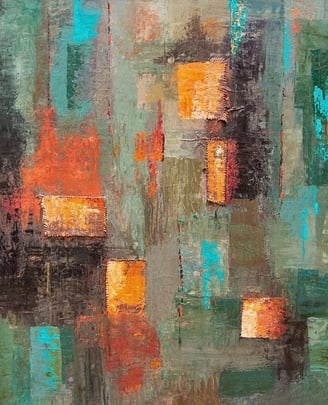 Abstract painting in earthy green tones with textured orange & copper patches and vibrant turquoise accents, by Martin Osner