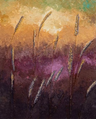 Textured abstract painting of tall grasses silhouetted against a softly blended sky in warm hues of gold, ochre, and violet