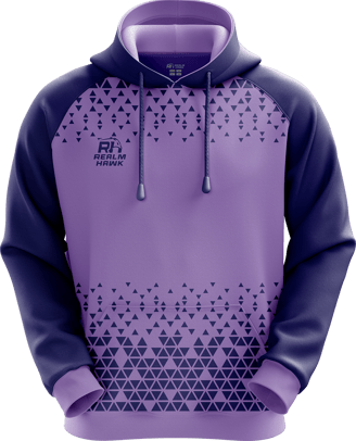 Sports hoodie 3D mockup #4 front – Purple/Navy sublimation on premium polyester fabric | Realm Hawk