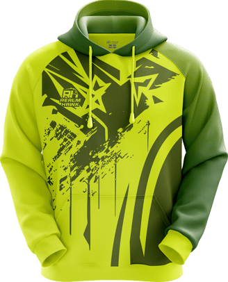 Sports hoodie 3D mockup #8 front –Lime/Green sublimation on performance polyester fabric |Realm Hawk