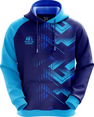 Sports hoodie 3D mockup #3 front –Indigo/Sky sublimation on performance polyester fabric |Realm Hawk