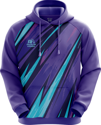 Sports hoodie 3D mockup #6 front – Purple/Teal sublimation on premium polyester fabric | Realm Hawk