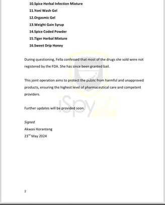 Page two of the press release detailing why Fella Makafui was apprehended.