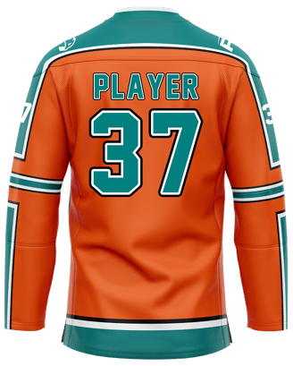 Custom ice hockey jersey #2 back – Orange/Teal sublimation on top polyester fabric | Realm Hawk
