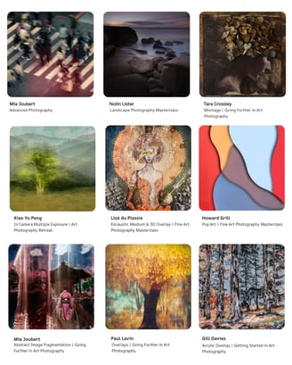 Fine art photography courses showcase student portfolios in various artistic styles and techniques.