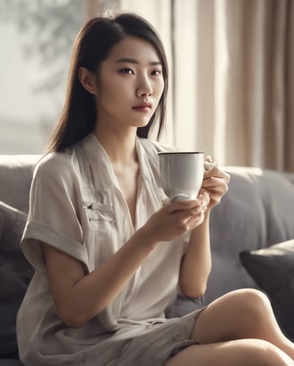woman holding cup of coffee sitting on sofa