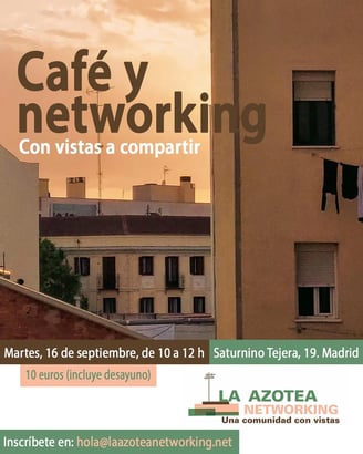 Cartel con edificios de fondo en Madrid anuncionando sesión de networking en La azotea Carabanchel