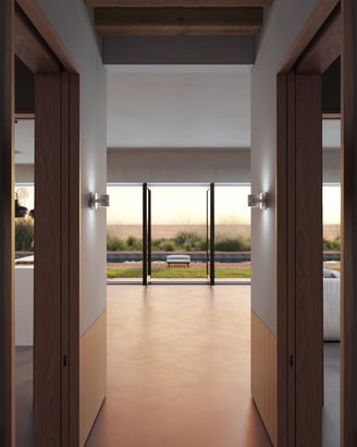3D rendering of modern hallway with glass doors, natural light, elegant wooden features, and green outdoor view.