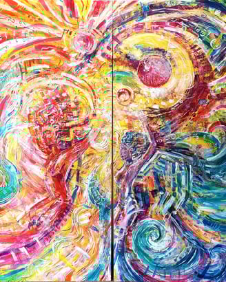 Transe en danse, un tableau en diptyque aux couleurs vives représentant des corps dansant et célébra