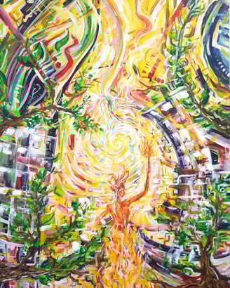 peinture acrylique aux couleurs vives avec un personnage central explorant une ville envahie par la végétation