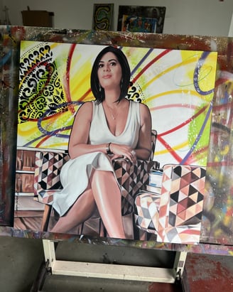 Retrato artístico de uma mulher em cores brilhantes de Pop-Art.