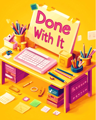 A picture of a cluttered but organized desk with a paper taped over a computer monitor that reads "done with it"