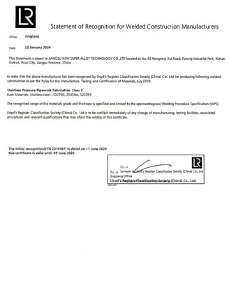 LR Welded Construction Manufacturers Certified