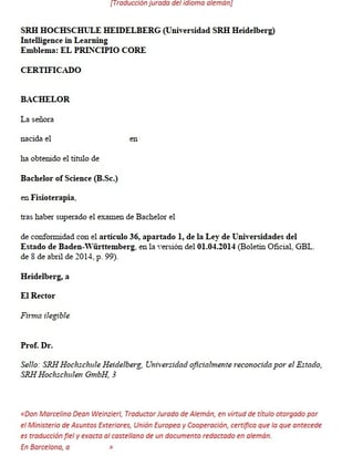 Fisioterapia: traducción jurada al español de bachelor alemán