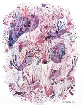 Aquarelle surréaliste micro jardin aquatique  rose 