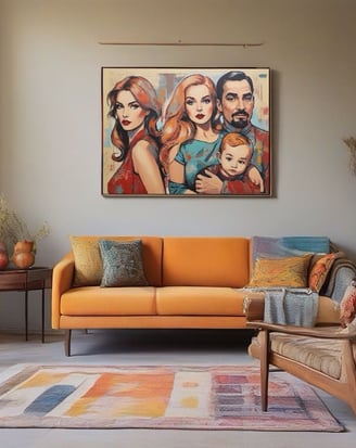 Retrato pop-art de família sorrindo em cores vibrantes.