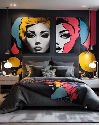 Combinação perfeita de modernidade e conforto: quadro pop-art em destaque no quarto.
