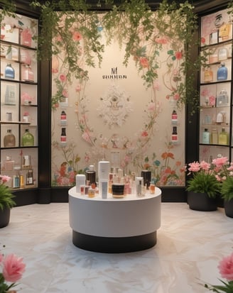 A well-organized fragrance shop displays an array of perfume bottles on wooden shelves, with vibrant towels neatly stacked on a few shelves. Two circular tables in the foreground hold a variety of perfume bottles, surrounded by small, colorful fabric pouches and decorative items. Overhead lights illuminate the products, and bold signage on the wall reads 'Damn Fine Fragrance' along with Chinese characters.