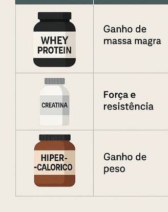 Tabela Comparativa de Suplementos(Whey Protein vs Hipercalórico vs Creatina)