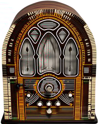 AI generated image of an old fashion radio, with a round top, and some buttons up front