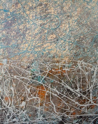 Abstract painting with layered metallic silver and copper textures overlaid by expressive turquoise and white paint splatters