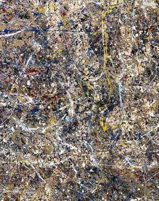 Abstract painting titled "Manic Monday" by Martin Osner, featuring an energetic composition of layered splatters and drips