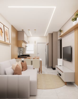 sala e cozinha de um apartamento com cores claras de uma consultoria de interiores