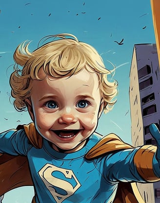 Portrait photo transformed into a cartoonish looking kid in a superman costume