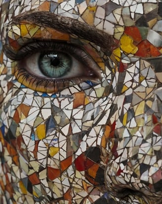 Imagem que mostra um rosto de uma mulher com aplicação de pedaços azulejos no rosto, arte moderna.